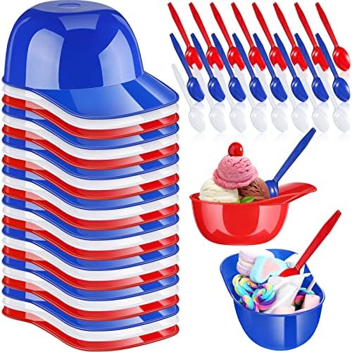 24 contagem de verão Capacete de beisebol Snack Scere Cream Bowl 24 PCS Spuons descartáveis ​​8 oz Mini Sundae Bowls