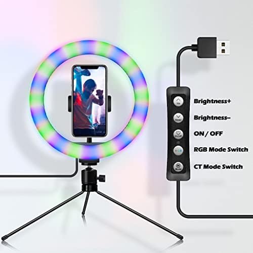 Anel de selfie Luz com Tripé de Desktop/Remoto Bluetooth, 47 RGB Color Modos Tiktok Luz, Luzes de Círculo de Fotografia para