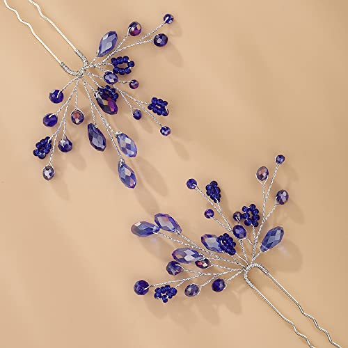 Teyglen 2pcs Crystal Bride Wedding Hair pinos de strass azuis PINS CABELOS DE CABE
