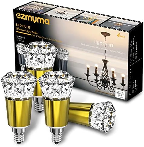 Lâmpadas decorativas de forma decorativa de forma ezmyma diamna 5w, lâmpadas de lustre de lustres exclusivas e brancas macias não reduzíveis de 2700k 600lm 60 watts equivalente, e12 candelabra base 4pack-Gold
