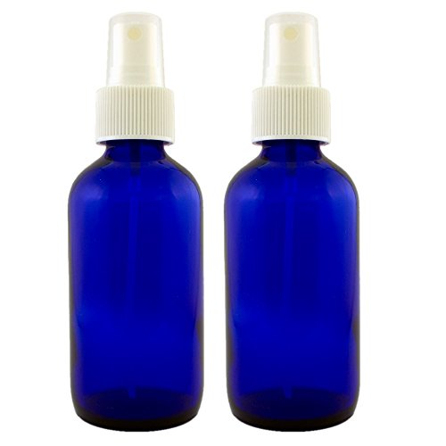 Misters de spray de vidro azul - 2 garrafas - 4 oz de garrafa de recarga é ótima para óleos essenciais, produtos de beleza orgânica, limpadores caseiros e aromaterapia com um dispensador de névoa fina branca