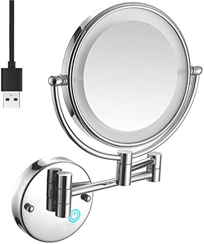 Espelho de maquiagem montado na parede de 8 com luzes LED 5x maquiagem de maquiagem espelho de dupla face, botão de toque e luz ajustável, maquiagem de barbear no quarto ou banheiro USB Rechargechromée