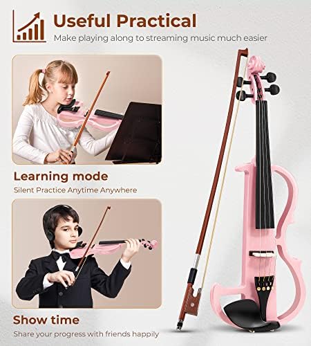 Vangoa Violino Elétrico 3/4 Conjunto completo de violino silencioso, kit de partida de violino elétrico preto para iniciantes, estudantes, crianças