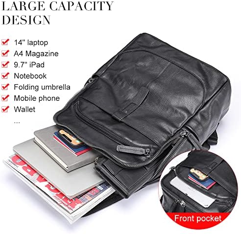 Backpack de couro genuíno 14 na bolsa de laptop Black Travel Daypack College Bag School School for Boys & Girls 15,8*11,4*6.3inch,