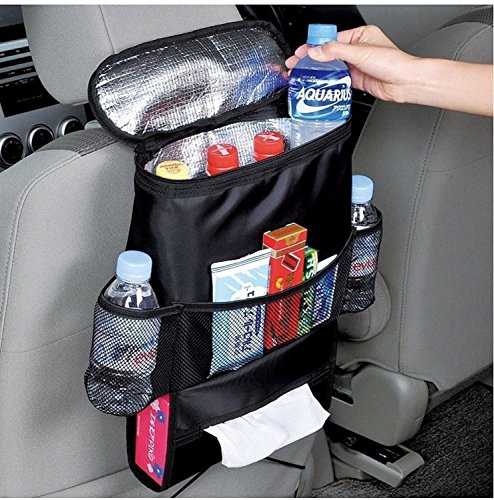 Organizador de traseiro do banco do carro, bolsa de armazenamento de vários bolsos de viagem de garrafa de garrafa de garrafa de garrafa de preservação de calor com caixa de lenços de papel