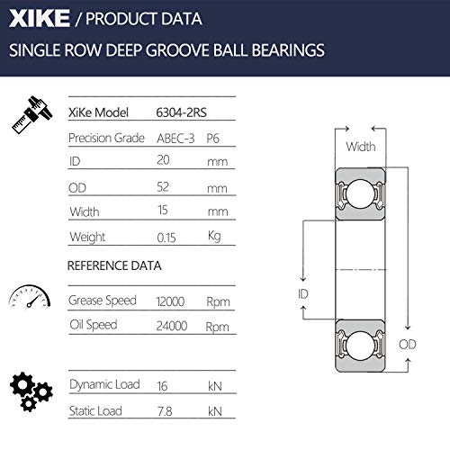 XIKE 2 PCS 6304-2RS Rolamentos de vedação de borracha dupla 20x52x15mm, desempenho pré-lubrificado e estável e mancais de esferas