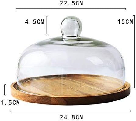 Bandeja de bolo de madeira Yangbo com tampa, tampa de vidro transparente Tabela de sobremesa de fruta de degustação de pão queijo de bandeja de bandeja e cúpula de bolo/25cm