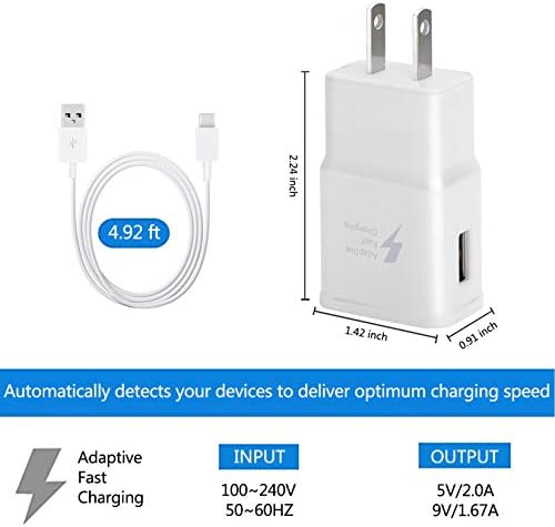 Kit de carregador rápido adaptativo com cabo USB tipo C 【5 pés】 Bloco de carregador de carregamento rápido compatível com Samsung