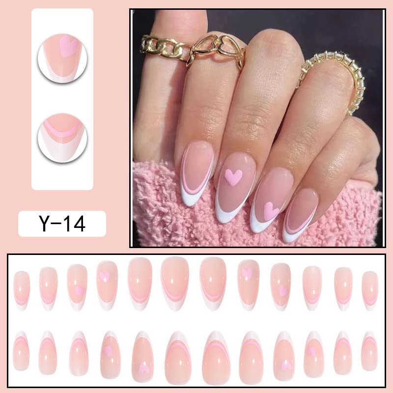 Pressione em unhas longas unhas falsas acrílico francês rosa coração amêndoa rosa linha branca borda requintada design