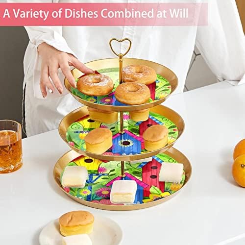 Conjunto de exibição de mesa de sobremesa, suporte de cupcakes de ouro, estandes de sobremesa, bandeja de porção de 3 camadas, suporte de camada de copo, suporte de bolo de casamento para mesa de sobremesa, jardim de flores de madeira de Bird Wood House