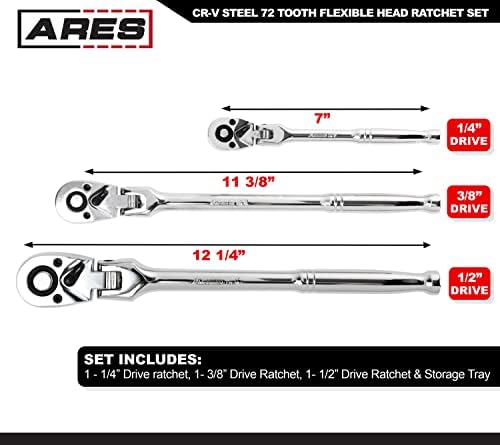 Ares 42028-3 peças conjunto de catraca de cabeça flexível de 72 dentes-Construção premium de aço de vanádio cromado e acabamento
