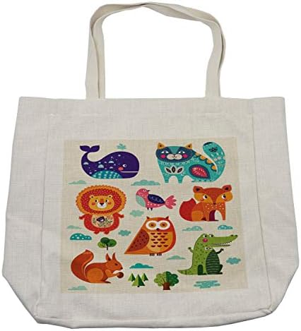 Bolsa de compras de zoológico de Ambesonne, animais engraçados e pássaros com composição de ornamentos nativos, bolsa reutilizável