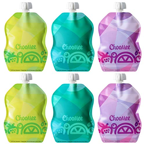 Bolsas de armazenamento de alimentos para bebês reutilizáveis ​​de Choomee, 8 onças | Ideal para comida de bebê, smoothies e pures | Seguro com zíper duplo de bloqueio, fundo largo, BPA livre | Snakpack tropicolor 6 ct