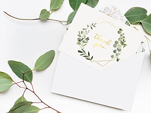 Veeyol 100 Gold Foil Greenery Cartões de agradecimento com envelopes, folhagem em aquarela Notas de agradecimento para