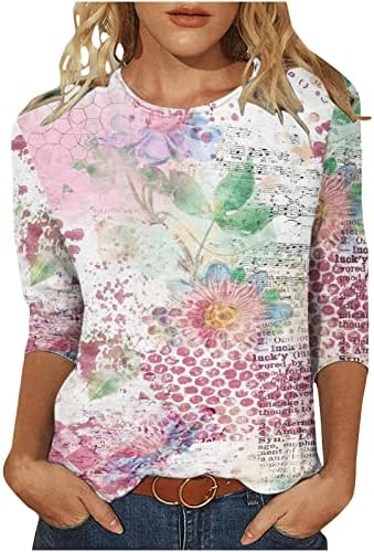Tampas de manga de 3/4 de comprimento médio para mulheres coloridas camisas de impressão floral coloridas Bloups casuais para 2023 Summer Spring Spring