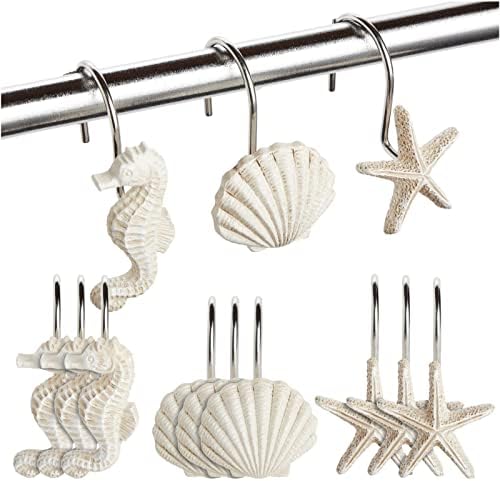 12 pacote de cortina de chuveiro com tema de praia ganchos de aço inoxidável, ganchos de chuveiro costeiro decorativos de concha