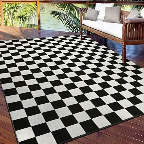 Leevan Black and Branco Tapete de área externa quadriculada 5x7 ft Máquina lavável Tapete interno de xadrez de pátio de pátio extra