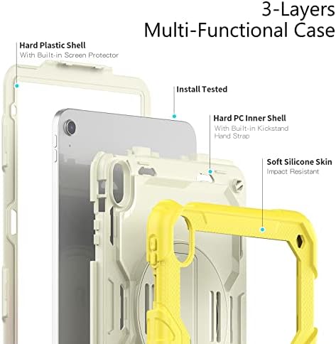 Tablet PC Casos Compatível com iPad 10ª geração 10.9 2022 Liberou caixa de TPU à prova de choque pesada, cobertura protetora W Tela Protetor 360 Kickstand giratória+alça de mão+alça de ombro CA CA
