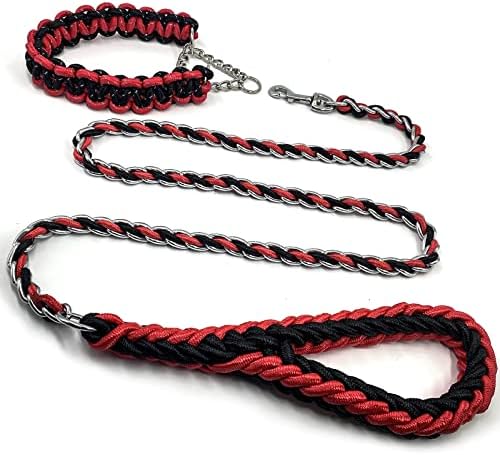 Cadeia de corda de cachorro Lases com colarinho refletivo, corda de nylon entrelaçou a cadeia de metal para fios de PET. Treinamento à prova de mastigação pesado de 6 pés para cães grandes.