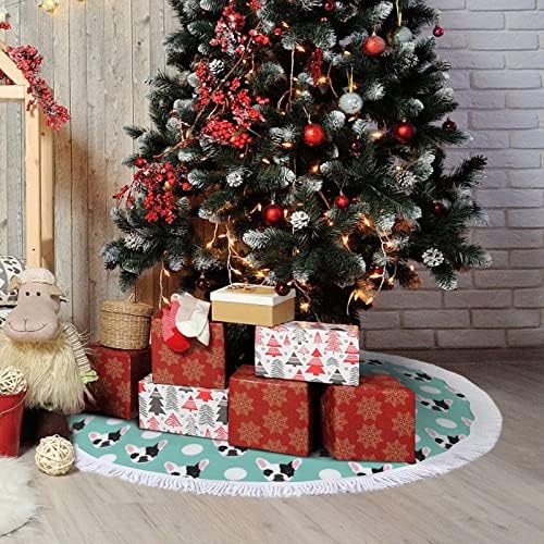French Bulldog Padrão Imprimir saia de árvore de Natal com borla para Feliz Festa de Natal sob a árvore de Natal