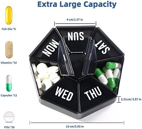 Organizador semanal de comprimidos semanal, caixa de comprimidos de 7 dias, dispensador de comprimidos portátil pequeno para bolso ou viagem, recipiente de pílula para vitamina, óleo de fígado de bacalhau, pílulas, suplementos-artrite