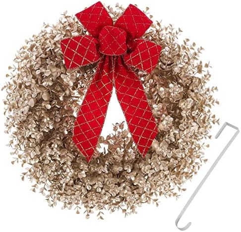 Kuimen Christmas Wreaths, grinaldas de boxwood de 18 polegadas para a porta da frente, grinaldas douradas, com um