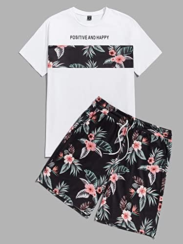 Roupa de duas peças para homens para homens slogan e impressão tropical Top & Shorts Conjunto