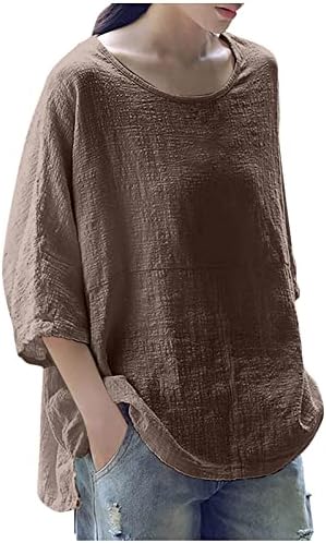 Tops de linho para mulheres camisas casuais de verão 3/4 de manga de tamanho grande túnica de algodão solta Faixa de três quartos