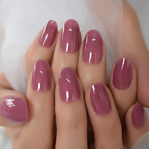 Ibeautying Press On Unhes - Taro Red Pure Color Semi -Transparente Unhas Falsas | Acabamento de gel UV Médio curto pequeno em forma reutilizável unhas falsas - Kit de 24 unhas com geléia de cola