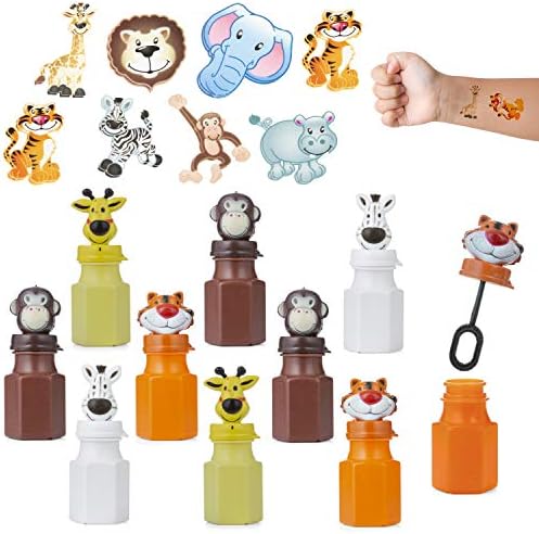 Favonir Animal Bubbles & Tattoos Party Set - 24 x garrafas infantis de bolhas 72 adesivos de tatuagem temporária para crianças -
