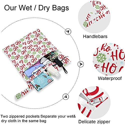VISESUNNY Feliz Natal Hohoho Snowflake 2pcs bolsa molhada com bolsos com zíper para fraldas salateadas reutilizáveis