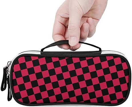 Bolsa de lápis de lápis xadrez preto vermelho bolsa de papelaria de grande capacidade com alça de maquiagem portátil organizador