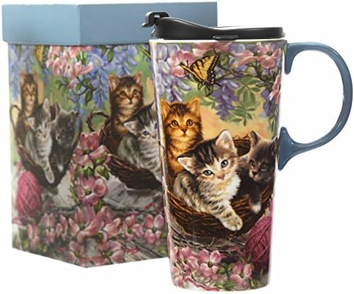 Cedar Home Travel Coffee Caneca Cerâmica Porcelana Late Cup com tampa 17oz. Flor e gato