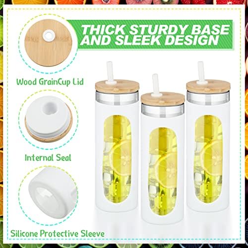 4 PCs 20 oz de copos de vidro com tampas e palhas reutilizáveis ​​tampas de bambu copo garrafas de água de vidro largo de vidro