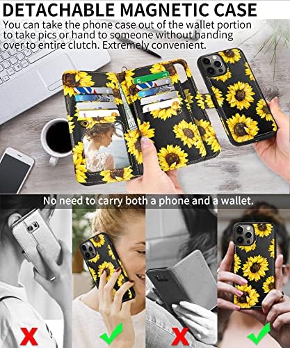 Case do iPhone 13 Pro Max Wallet Case para mulheres, capa de telefone de carteira de couro floral destacável para
