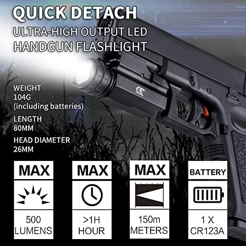 MCCC 500 Lumens Led Rail Monte Tactical Gun Lantelha Luz de pistola com Liberação rápida de Strobe & Weaver para caça,