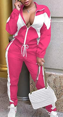 Roupa de colorido de retalhos feminina Roupa de 2 peças roupas de manga longa casual calça de jaqueta presa com bolsos de moletom