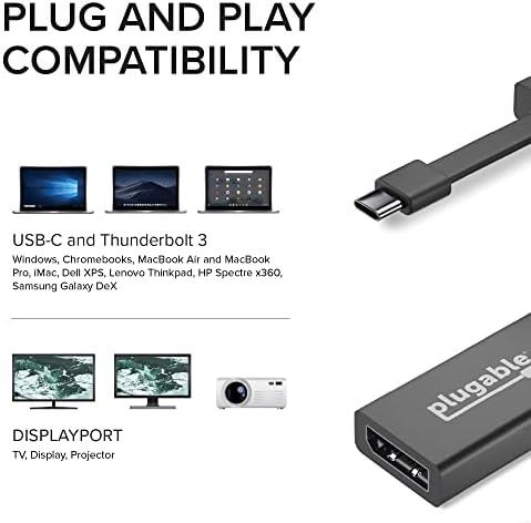 Plugable USB C para DisplayPort Adaptador 4K 60Hz, Thunderbolt 3 para exibir o adaptador compatível com MacBook Pro, Windows,