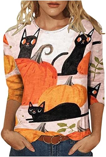 Tops de Halloween para mulheres, moda feminina impressa com camiseta solta de 3/4 mangas 3/4 blusa redonda no pescoço casual