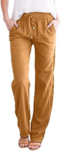 Calça de linho kcjgikpok, calça de linho de algodão de cordão macia de alta cintura lisa com bolsos de calça leves