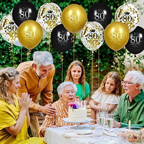 Balões de 80º aniversário para homens, 15 PCs Black Gold Feliz 80º aniversário balões, ouro preto de 80º aniversário decorações de festas