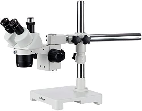 Microscópio estéreo trinocular SW-3T24Y AMSCOPE, oculares WH10X, ampliação 20x/30x/40x/60x, objetiva 2x/4x, suporte de boom de braço único, inclui 1,5x de lente barlow lente