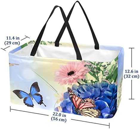 Casquete de compras reutilizáveis ​​Hortênsias e borboleta Flores portáteis Piqueniques de piquenique Bolsas de mercearia