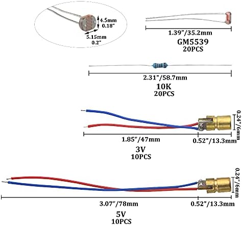 Xingyheng 20pcs Mini Red a laser vermelho Diodo Diodo Diodo Diodo Diodo Diodo Tubo Módulo de diodo 650nm 6mm 5V 5mW e 3V 5mw + 20pcs 5mm GM5539 Fotoresistor Photo Light Sensitive Resistor + 20pcs 10k Ohm