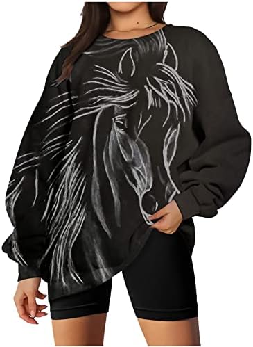 Pullover de cavalo Tops para mulheres estilo ocidental Drop ombro de ombro longo Camisas de manga comprida moletom
