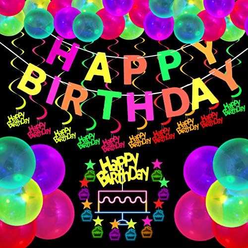 Glow Party Supplies Supplys de festa de neon Set Glow in the Dark Happy Birthday Birthday Banner com UV Black Light Reactive Bolo Topper Remitando Neon Fluorescente Balões de Latex NEON STARS PARA O GLOW Party Birthday Party Party