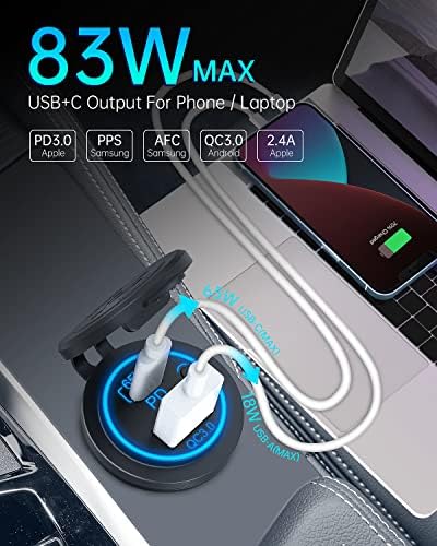 12V Usb Outlet, 65W [Boost Automático] PD3.0 Usb C Outlet para laptop, qc3.0 18w Multi USB C Carreger de carro com 3 fusíveis extras,