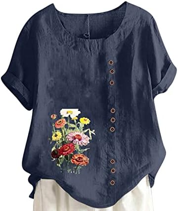 Camisetas de manga curta para garotas girlsckneck linen Daisy Floral Graphic Plus Size Bloups Bloups Camisetas femininas 2023