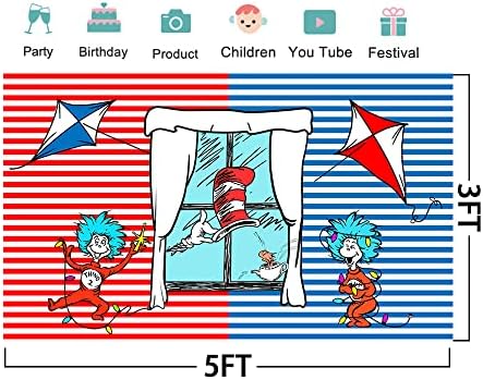 Red e Blue Stripes Faculdade de cenário Supplies Dr. Seuss Birthday Theme Photo Background Cat in the Hat Banner for Birthday Party Caketable Decoration 5x3ft