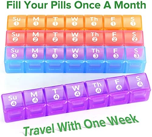 Organizador mensal de comprimidos mensal, caixa de comprimidos de 28 dias 1 hora por dia, 4 semanas por mês, recipiente de